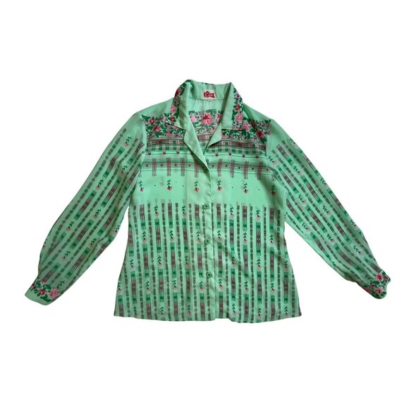 Vintage War Chief Floral Green Pink Long Sleeve Shirt top blouse Size Large Boho - Picture 1 of 3
